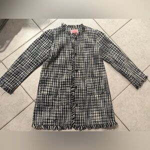 KATE SPADE NEW YORK FRINGE TWEED LONG COAT BLACK AND WHITE SZ 14 RETAIL $599
